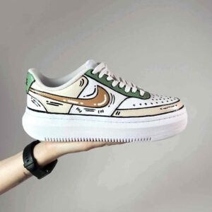 Nike Court Vision Low Platform Custom Cartoon Dipinte A Mano Beige e Verde