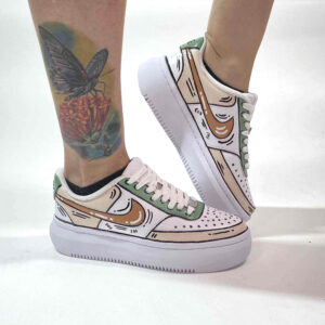 Nike Court Vision Low Platform Custom Cartoon Dipinte A Mano Beige e Verde