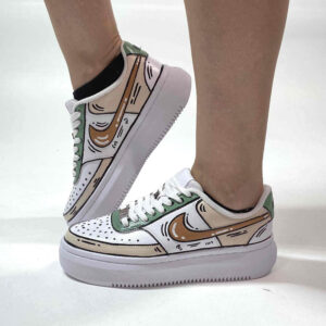 Nike Court Vision Low Platform Custom Cartoon Dipinte A Mano Beige e Verde