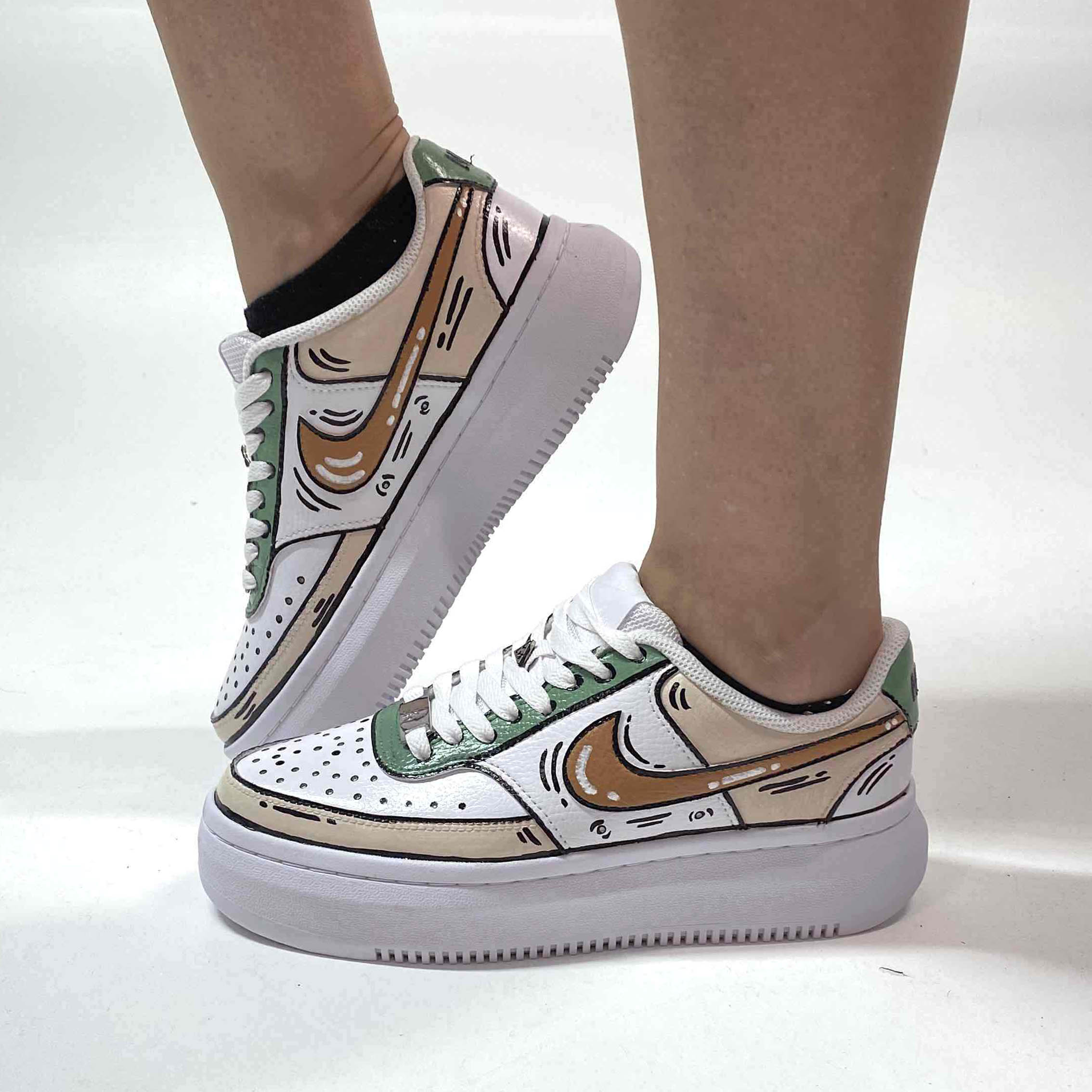 Nike Court Vision Low Platform Custom Cartoon Dipinte A Mano Beige e Verde