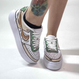 Nike Court Vision Low Platform Custom Cartoon Dipinte A Mano Beige e Verde