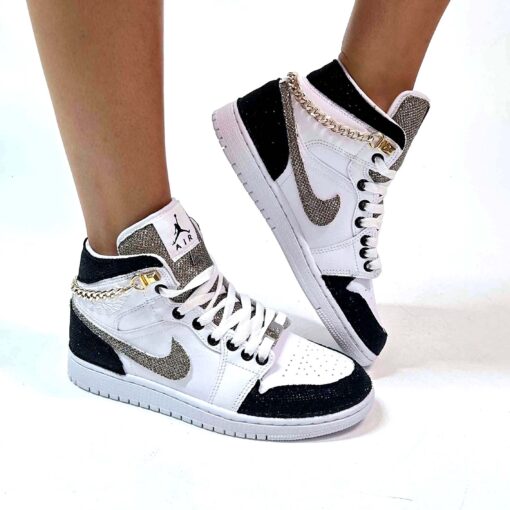 Nike Jordan 1 Custom Inserti Lurex Nero e Oro, Catene Oro