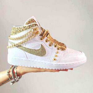 Nike Jordan 1 Custom Swoosh Glitter, Catene _ Borchie Oro, Inserti Raffia