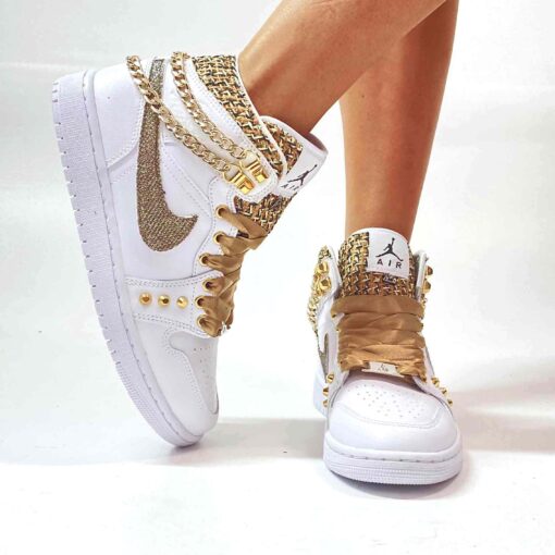 Nike Jordan 1 Custom Swoosh Glitter, Catene _ Borchie Oro, Inserti Raffia