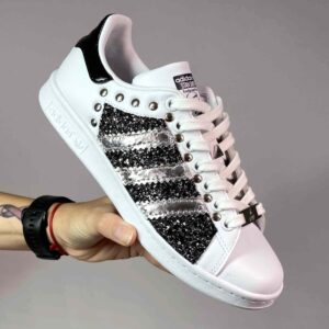 Adidas Stan Smith Personalizzate Glitter Pepe Sale Borchie e Toppino Nero Dipinto a Mano