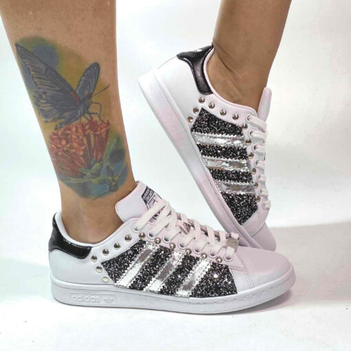 Adidas Stan Smith Personalizzate Glitter Pepe Sale Borchie e Toppino Nero Dipinto a Mano