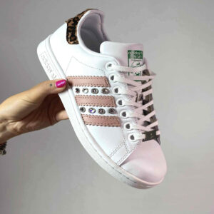Adidas Stan Smith Personalizzate Rosa e Maculato con Borchie a Strass e Argento