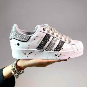 Adidas Superstar Bold Personalizzate Glitter Sale Pepe, Argento e Lacci in Strass