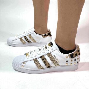 Adidas Superstar Personalizzate Borchie, Cavallino Maculato e Glitter Oro