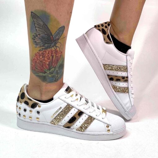 Adidas Superstar Personalizzate Borchie, Cavallino Maculato e Glitter Oro