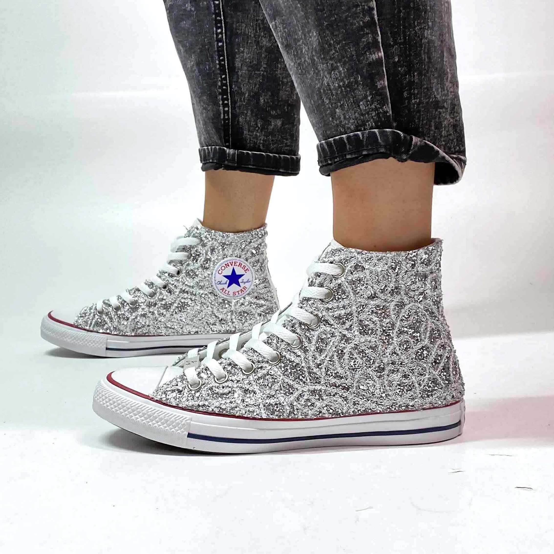 Converse All Star Personalizzate Glitter, Catene Argento e Strass