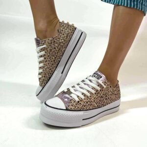 Converse All Star Personalizzate Low Platform Raffia Glitter Rosa