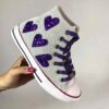 Converse All Star Personalizzate Lurex Bianco Retato, Cuori di Glitter Viola e Lacci Viola