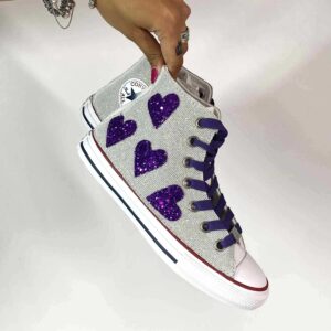 Converse All Star Personalizzate Lurex Bianco Retato, Cuori di Glitter Viola e Lacci Viola
