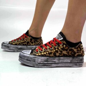 Converse All Star Personalizzate Platform Low Tessuto Leo Linguetta e Tampone Lurex Nero, Borchie Oro e Lacci Rossi