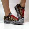 Converse All Star Personalizzate Platform Low Tessuto Leo Linguetta e Tampone Lurex Nero, Borchie Oro e Lacci Rossi
