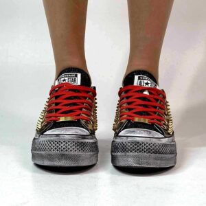Converse All Star Personalizzate Platform Low Tessuto Leo Linguetta e Tampone Lurex Nero, Borchie Oro e Lacci Rossi