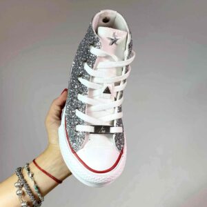 Converse All Star Platform Personalizzate Bambino Glitter Argento con Borchie a Stella