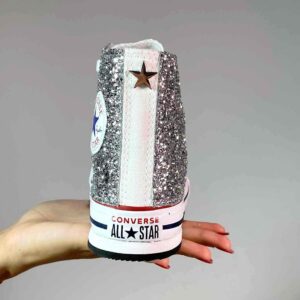 Converse All Star Platform Personalizzate Bambino Glitter Argento con Borchie a Stella