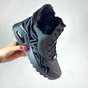 Skechers Stivaletti Uno Rugged-Fall Air Personalizzate Base Nera, Dettaglio Zabrato Velluto e Glitter Nero