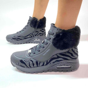 Skechers Stivaletti Uno Rugged-Fall Air Personalizzate Base Nera, Dettaglio Zabrato Velluto e Glitter Nero
