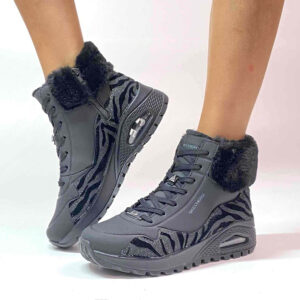 Skechers Stivaletti Uno Rugged-Fall Air Personalizzate Base Nera, Dettaglio Zabrato Velluto e Glitter Nero