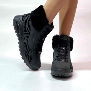 Skechers Stivaletti Uno Rugged-Fall Air Personalizzate Base Nera, Dettaglio Zabrato Velluto e Glitter Nero