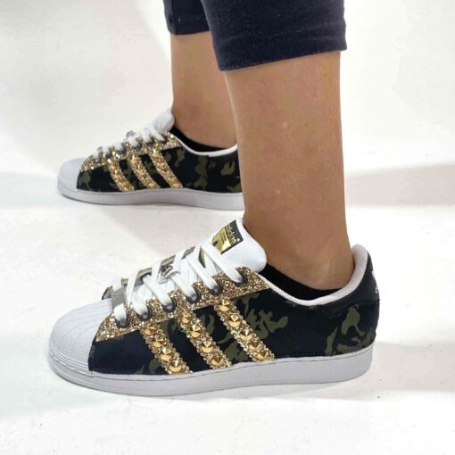 Adidas Superstar Personalizzate Camouflage, Glitter Oro e Borchie