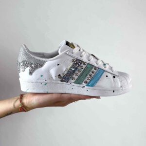 Adidas Superstar Personalizzate Glitter e Borchie Azzurro Tempesta