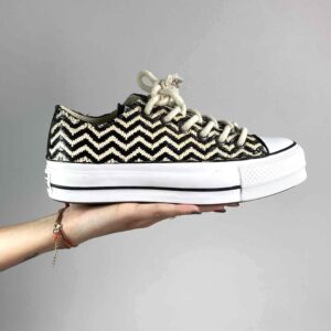 Converse All Star Personalizzate Low Platform Raffia Zig Zag e Inserti Lurex Nero