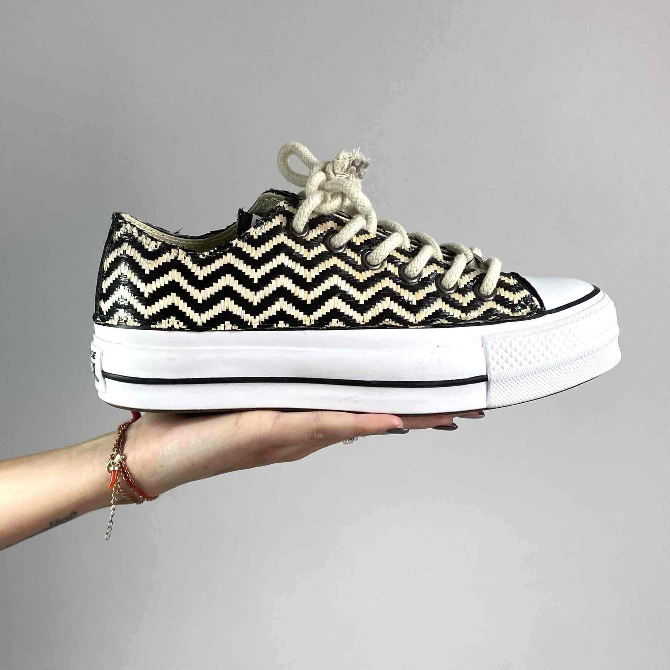 Converse All Star Personalizzate Low Platform Raffia Zig Zag e Inserti Lurex Nero