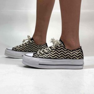 Converse All Star Personalizzate Low Platform Raffia Zig Zag e Inserti Lurex Nero