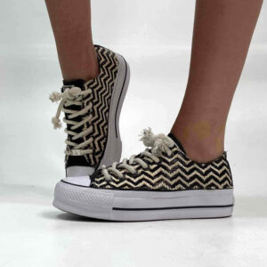 Converse All Star Personalizzate Low Platform Raffia Zig Zag e Inserti Lurex Nero