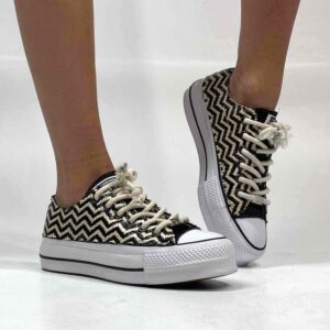 Converse All Star Personalizzate Low Platform Raffia Zig Zag e Inserti Lurex Nero