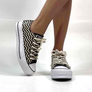 Converse All Star Personalizzate Low Platform Raffia Zig Zag e Inserti Lurex Nero