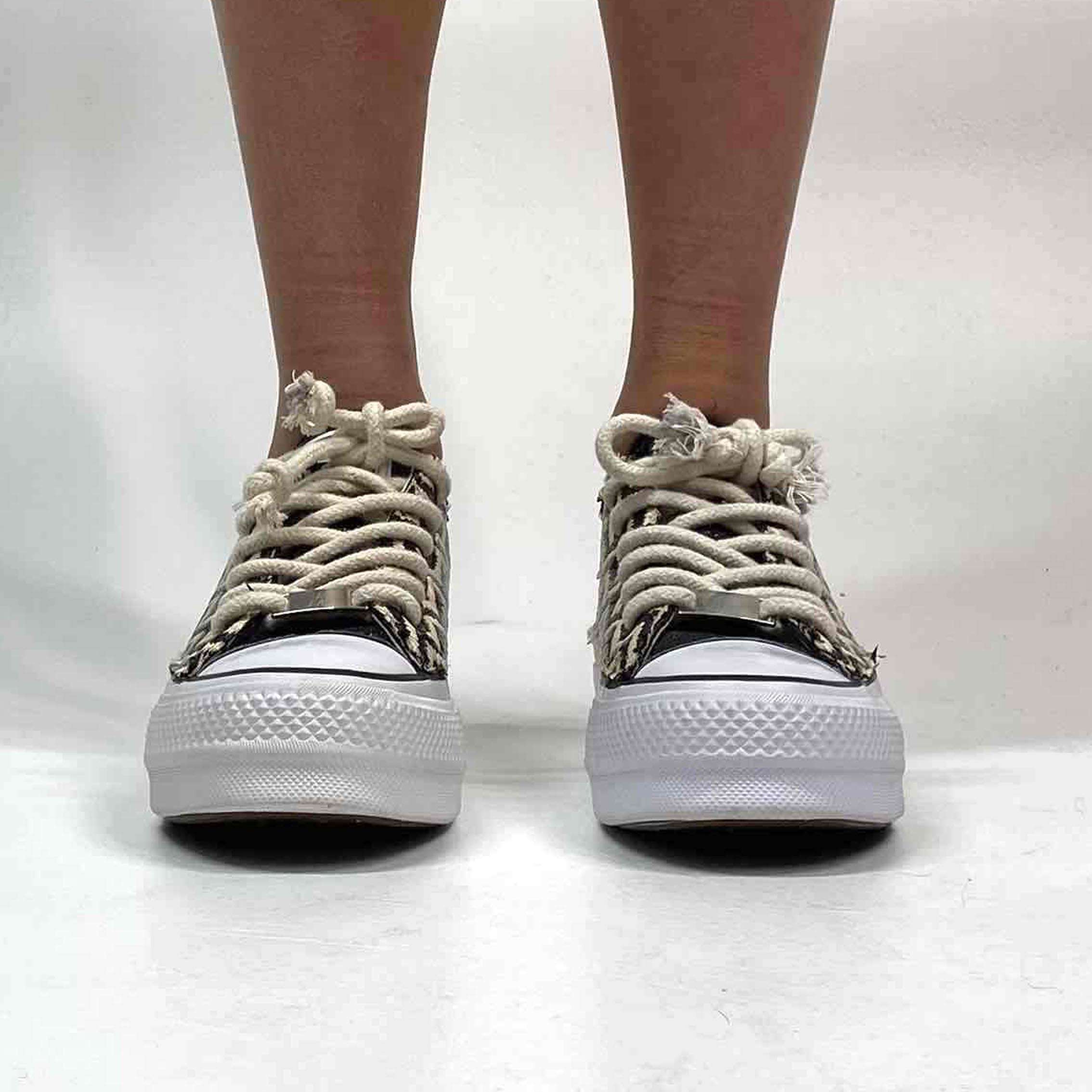 Converse All Star Personalizzate Low Platform Raffia Zig Zag e Inserti Lurex Nero