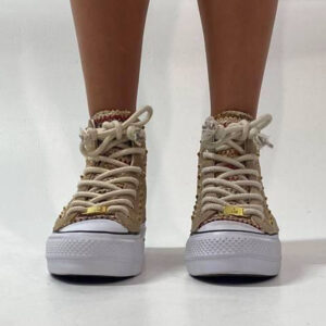 Converse All Star Personalizzate Platform Scamosciato Beige, Borchie Oro e Lacci Corda