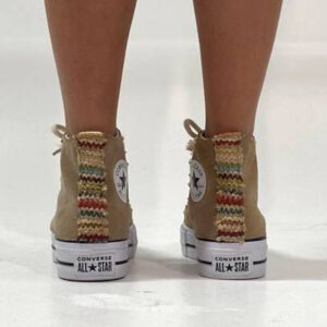 Converse All Star Personalizzate Platform Scamosciato Beige, Borchie Oro e Lacci Corda