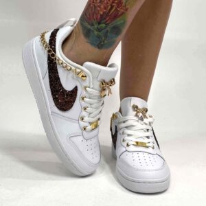 Nike Court Borough Low Custom Swoosh Glitter Bronzo, Catene e Fiocco Oro