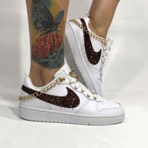 Nike Court Borough Low Custom Swoosh Glitter Bronzo, Catene e Fiocco Oro