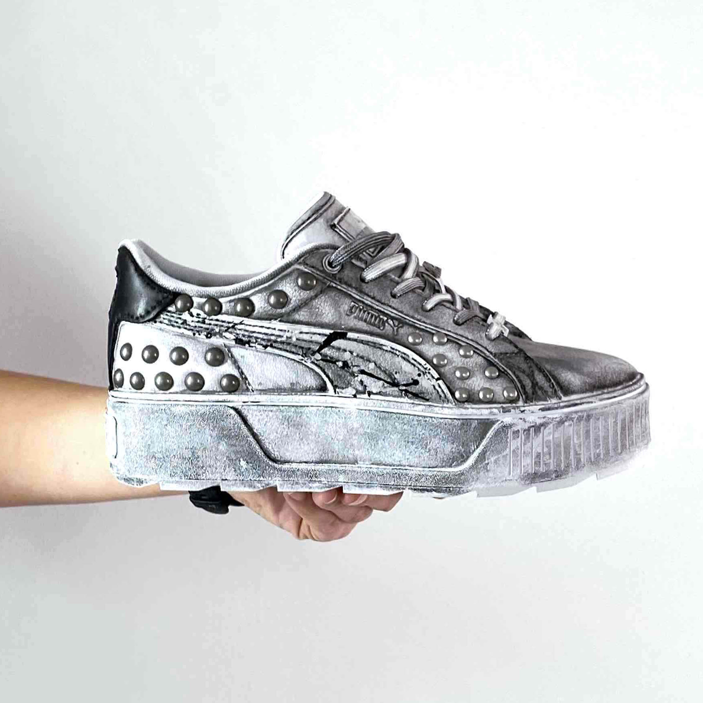Puma Platform Custom Delavè Borchie, Perle e Sporcatura Nera