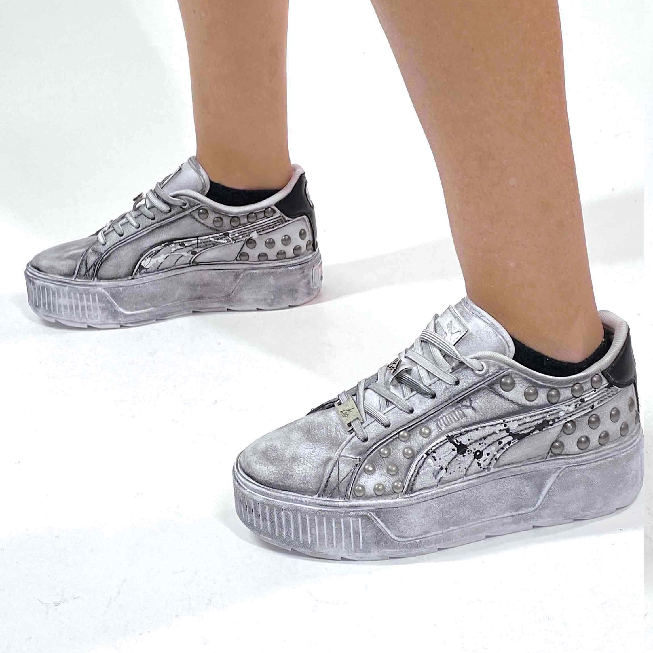 Puma Platform Custom Delavè Borchie, Perle e Sporcatura Nera