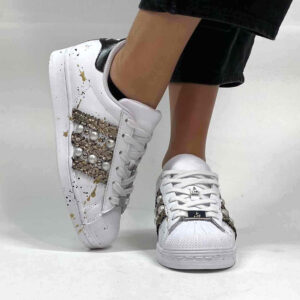 Adidas Superstar Personalizzate Squamato, Borchie, Perle e Sporcatura Oro