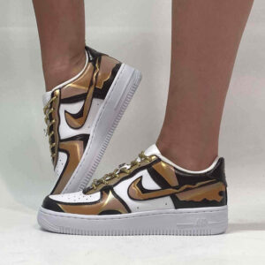 Nike Air Force One Custom Cartoon 2D Dipinte A Mano Marrone e Oro