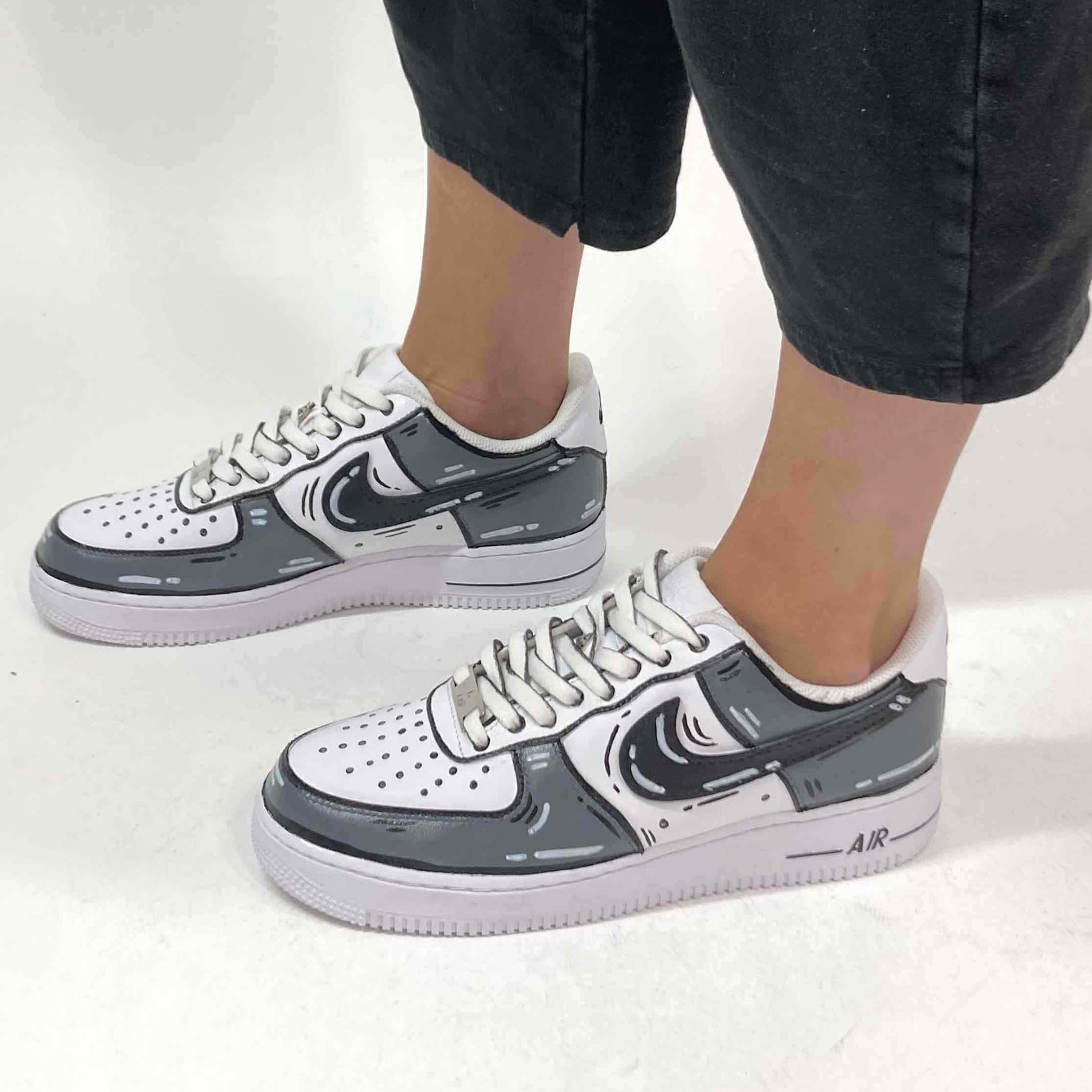 Nike Air Force One Custom Cartoon Dipinte A Mano Nero e Grigio