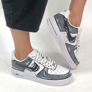 Nike Air Force One Custom Cartoon Dipinte A Mano Nero e Grigio