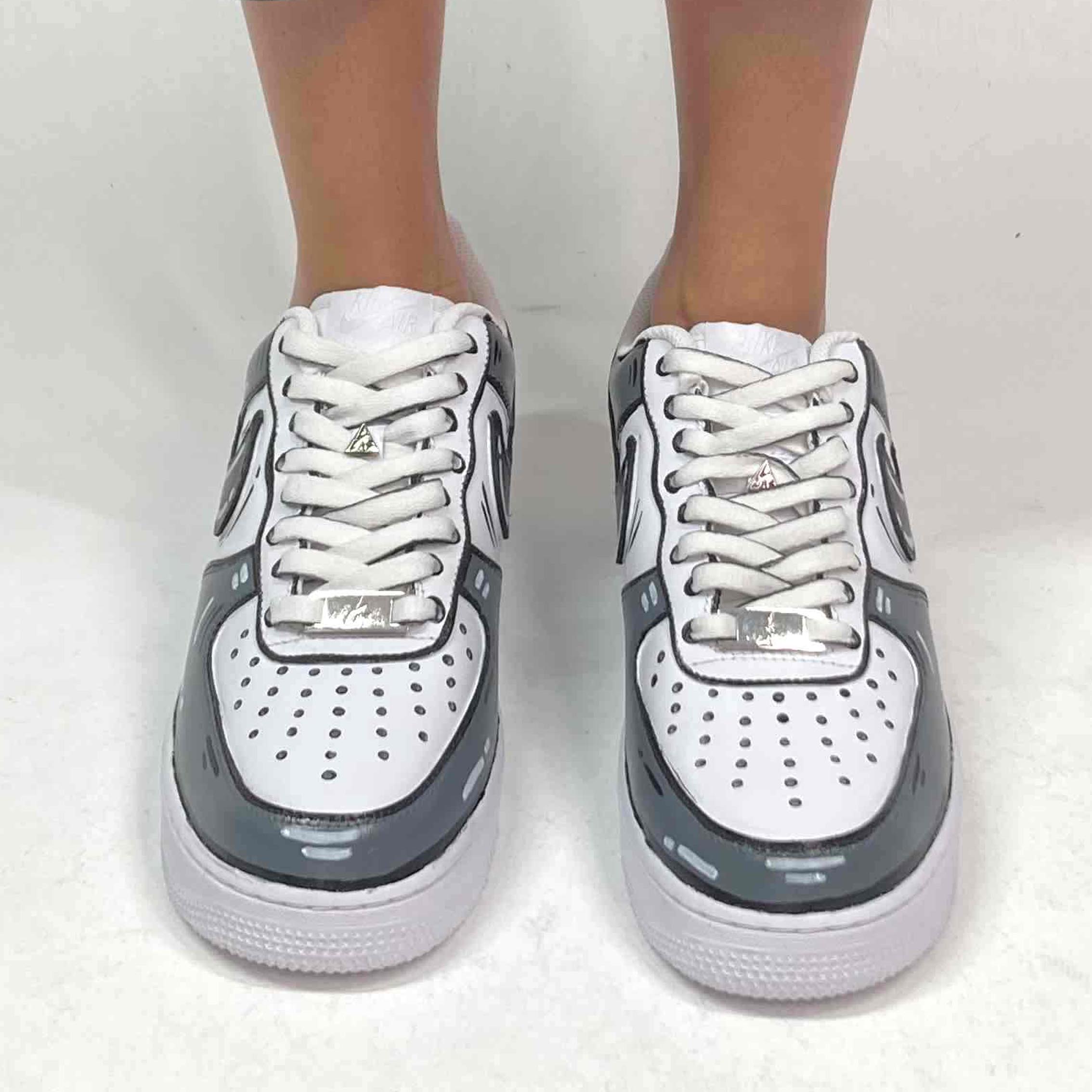 Nike Air Force One Custom Cartoon Dipinte A Mano Nero e Grigio