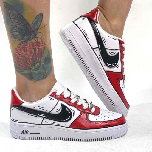 Nike Air Force One Custom Cartoon Dipinte A Mano Nero e Rosso