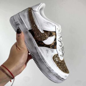 Nike Air Force One Custom Strass Oro, Glitter Oro e Tessuto Maculato
