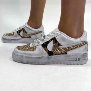 Nike Air Force One Custom Strass Oro, Glitter Oro e Tessuto Maculato
